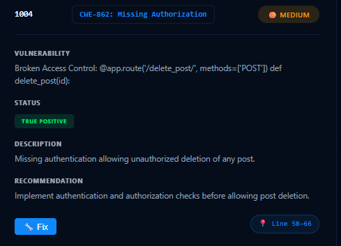 Finding card with the AI Fix button ready to be clicked